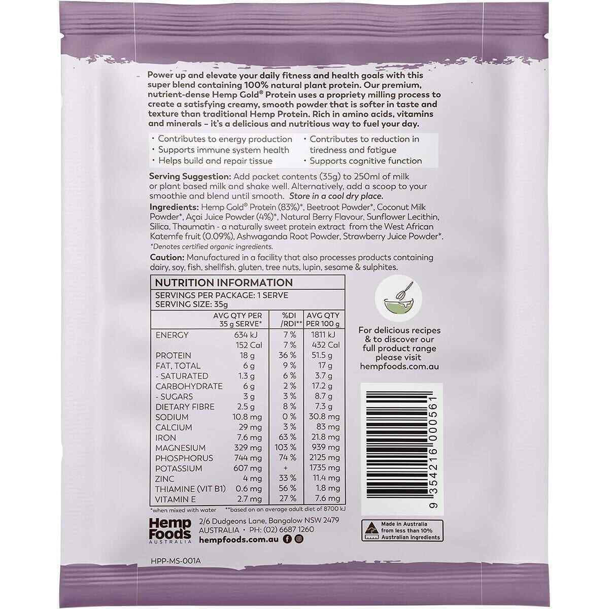 HEMP FOODS AUSTRALIA Organic Hemp Protein Mixed Berry & Acai 7X35G
