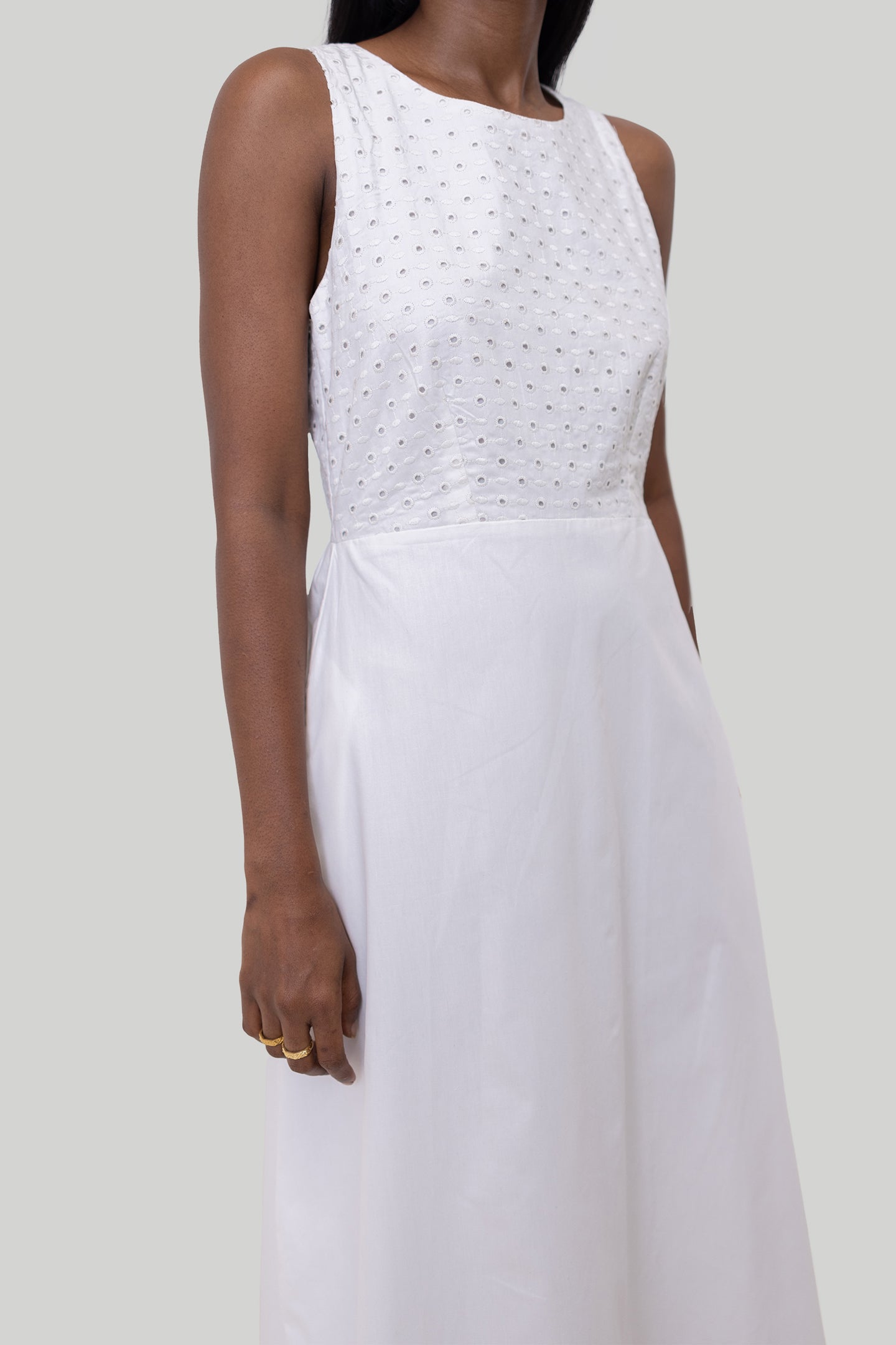 Cross-back Midi Dress in Eyelet Embroidery-2