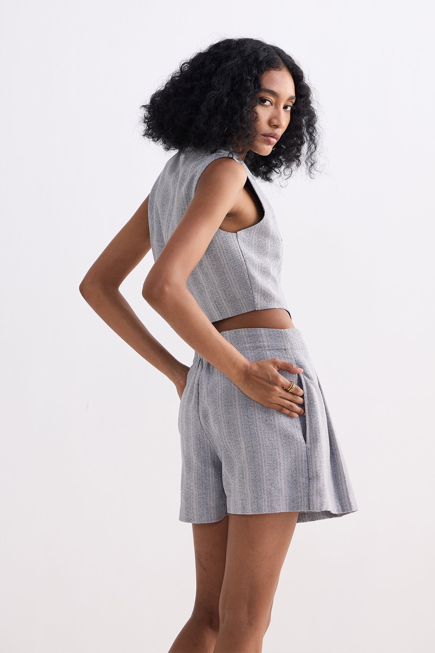 Cropped Cotton Tweed Vest Set in Grey-1