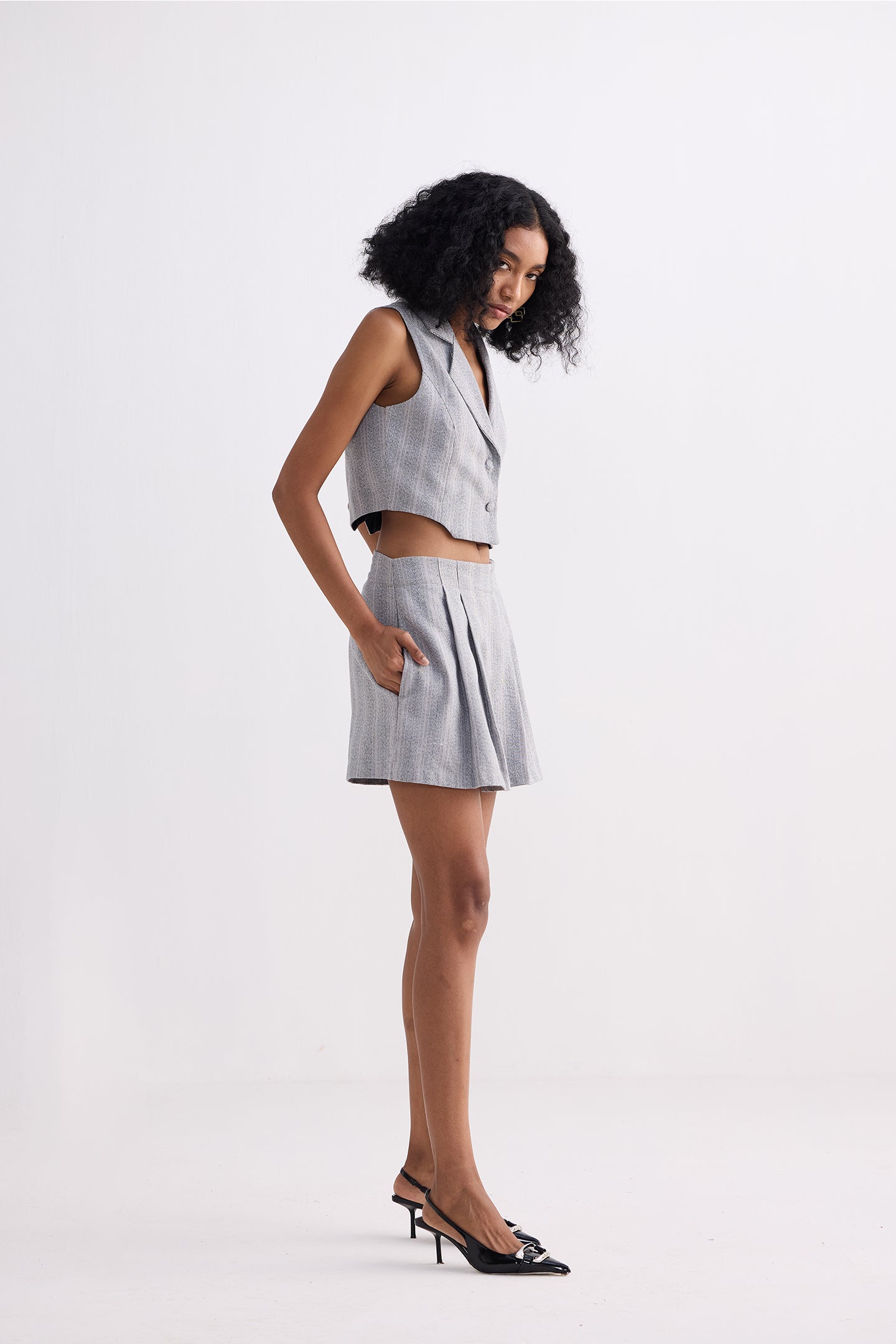 Cropped Cotton Tweed Vest Set in Grey-2