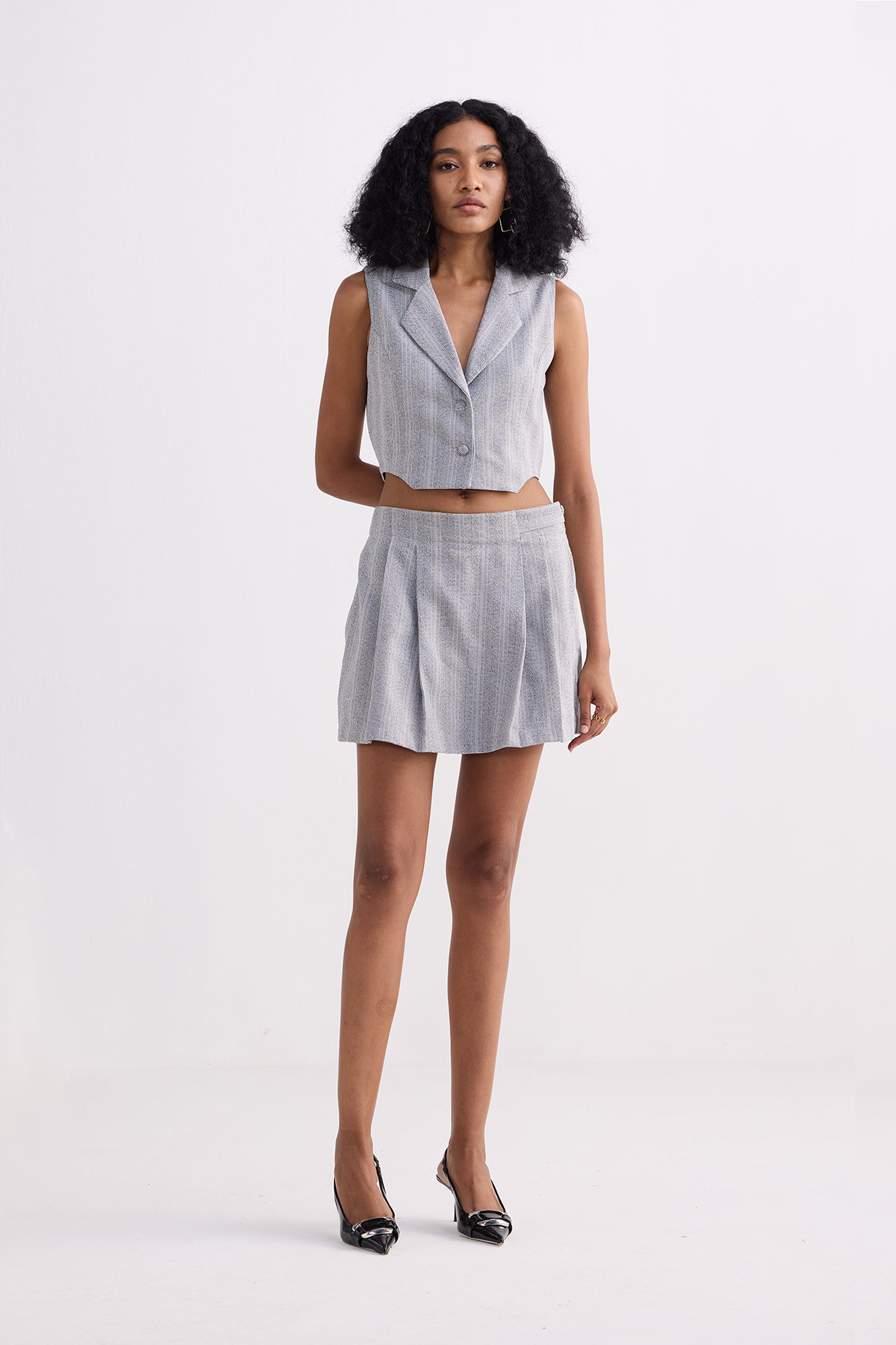 Cropped Cotton Tweed Vest Set in Grey-4