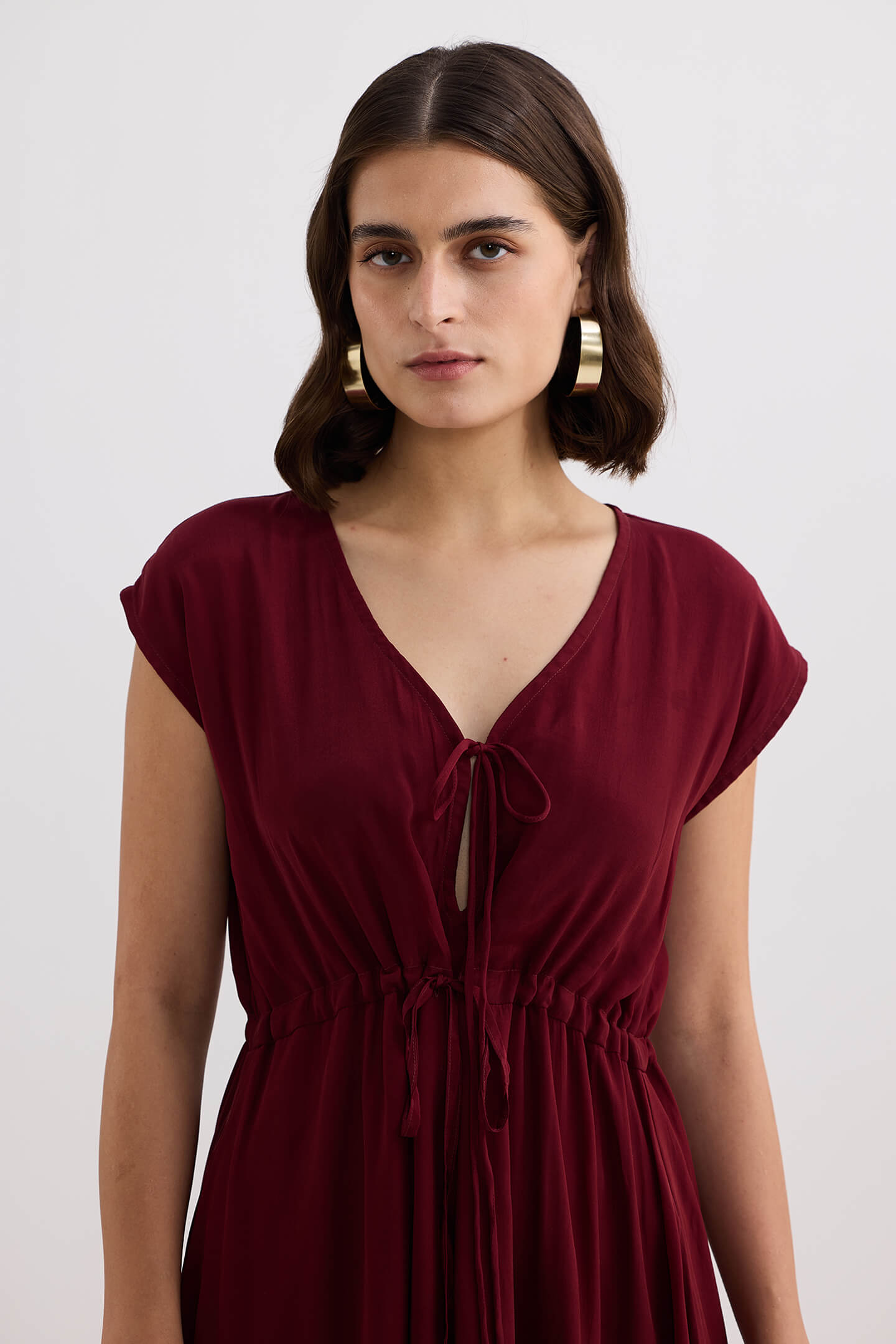 Deep V-neck Gathered Dress in Burgundy-3