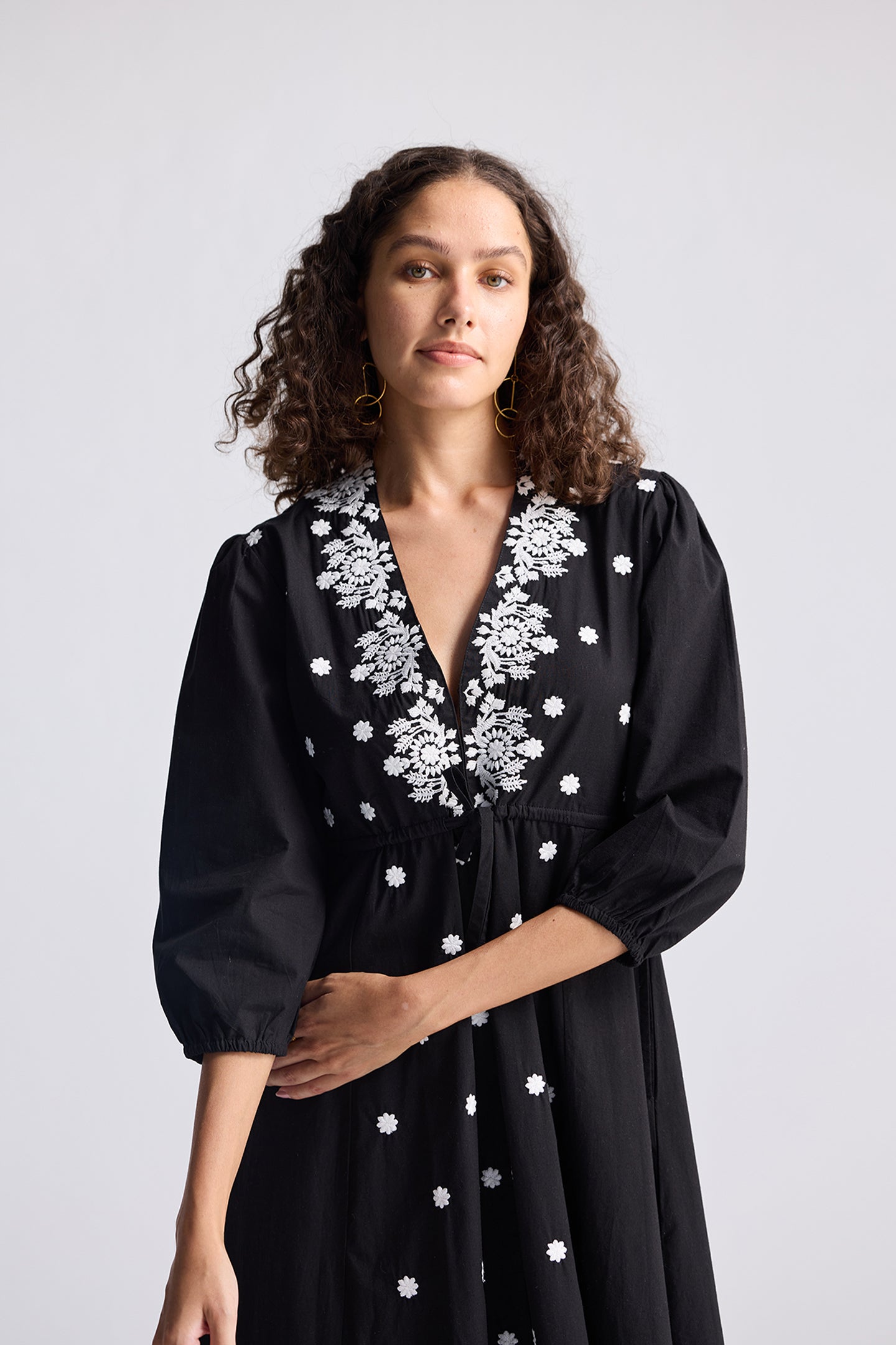 Drawstring Embroidered Dress in Black-2