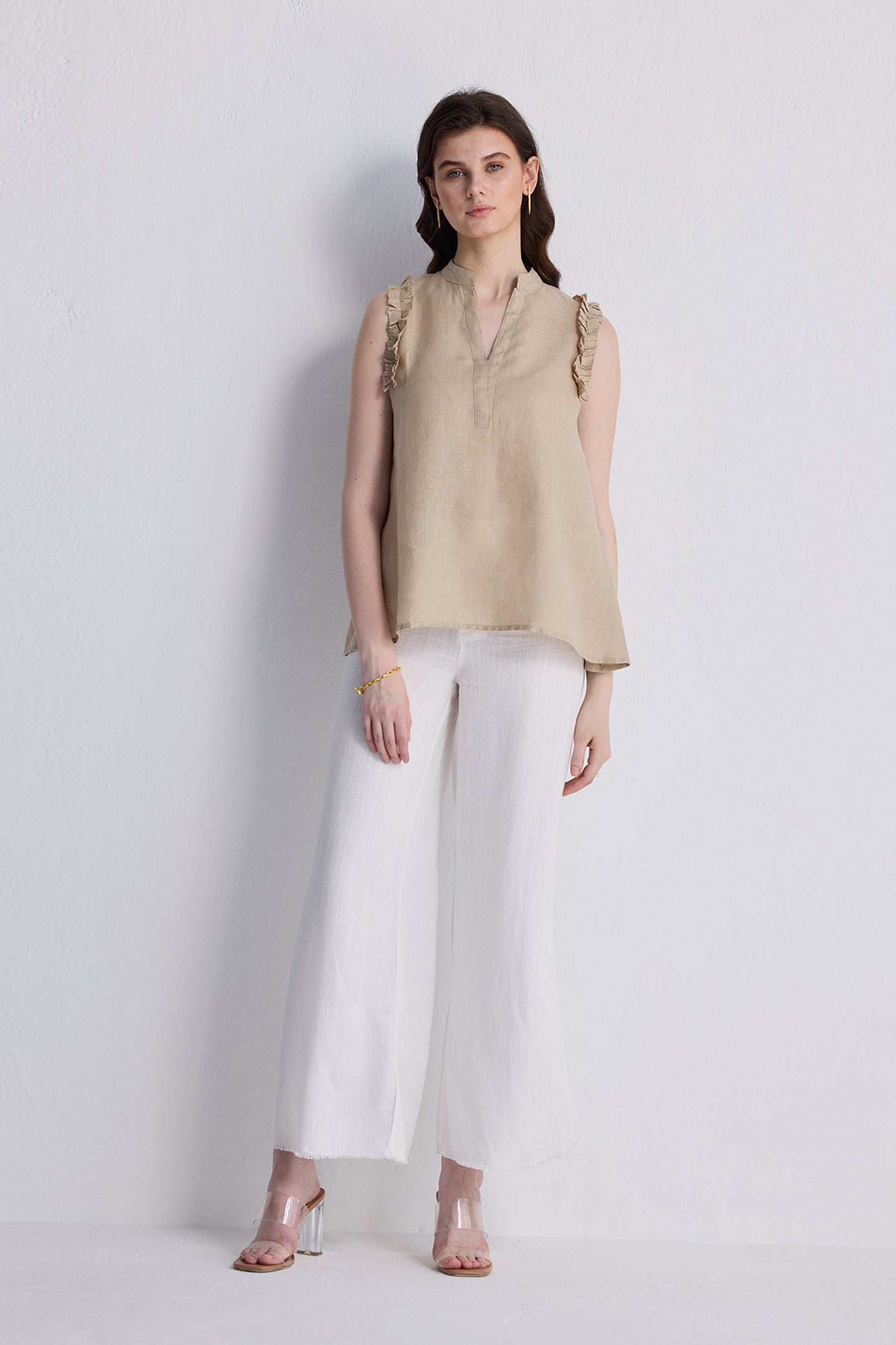 Sleeveless Hemp Top with Ruffles in Neutral Beige-4