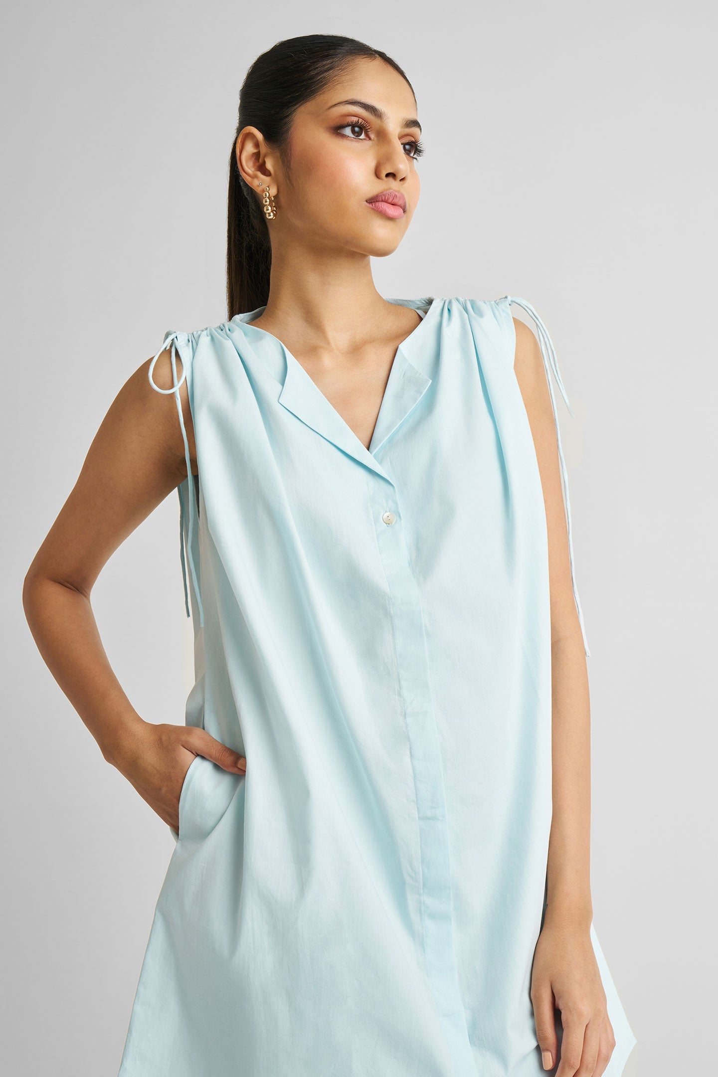 Shirt dress with Shoulder Tie Details in Summer Blue-4