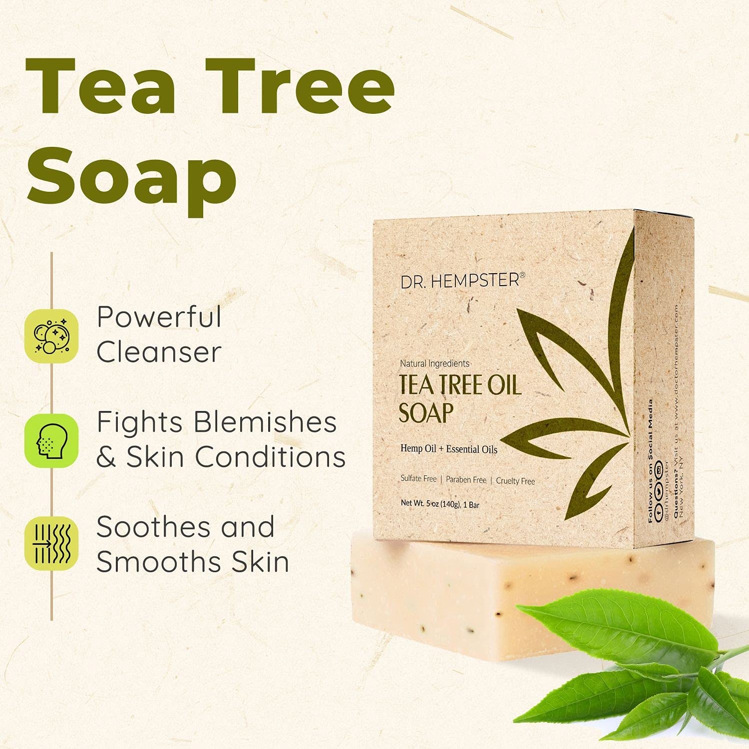 Hemp and Tea Tree Soap Bar, 2 Pack - 5 Oz Bar Soap - Skin Cleansing Moisturizing Hemp Soap - Natural and Organic Ingredients